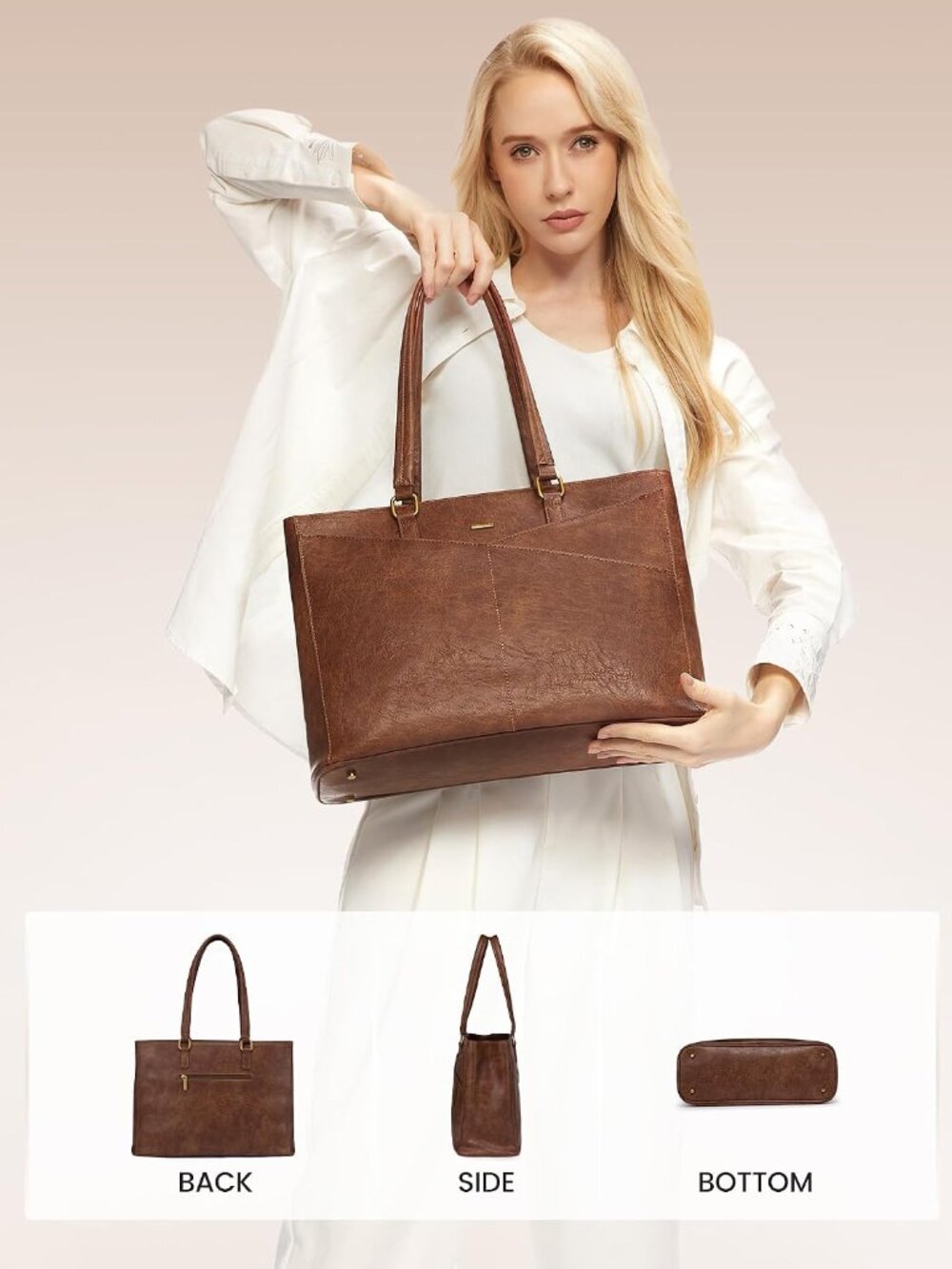 Laptop Tote Bag for Women,Leather Work Computer Briefcase Bag - Picture 6 of 8